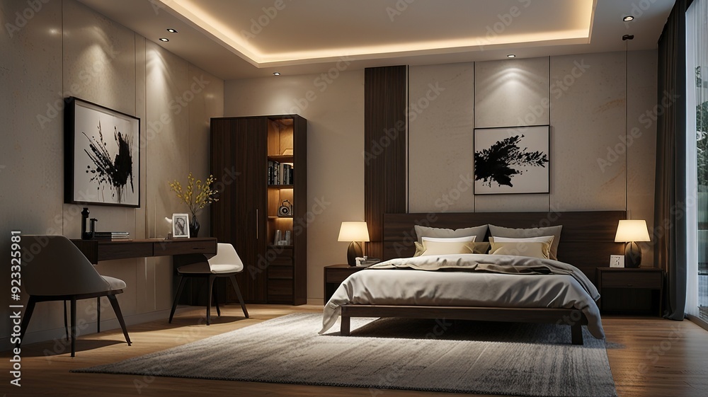 Fototapeta premium Modern Interior With Bright Wall, Living room, Bed room, kitchen, House Plants