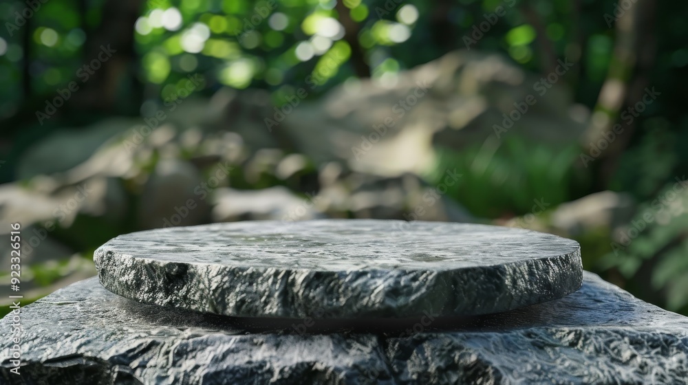 A close-up of a smooth stone platform in a lush, green forest, offering a tranquil and inviting spot for meditation or rest amidst nature. A close-up of a smooth stone platform in a lush, green forest, offering a tranquil and inviting spot for meditation or rest amidst nature.