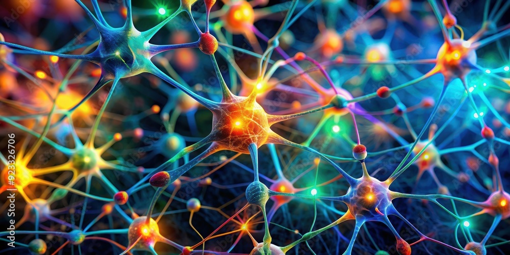 Close-up of colorful neural connections in the brain, neural connections, brain cells, synapses