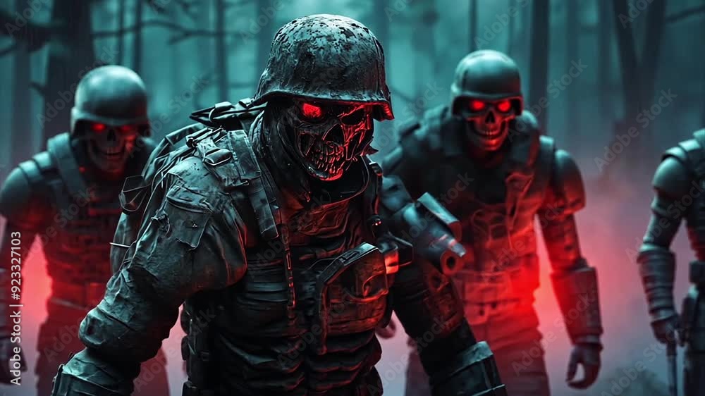 Pulling back from a squad of zombie soldiers with red eyes twitching in the dark forest for Halloween meme. Pulling back from a squad of zombie soldiers with red eyes twitching in the dark forest for Halloween meme.