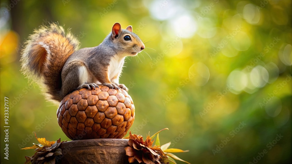 Fototapeta premium Squirrel happily perched on a giant acorn, squirrel, big, nut, cute, animal, rodent, fluffy, tree, autumn, forest, wildlife, nature
