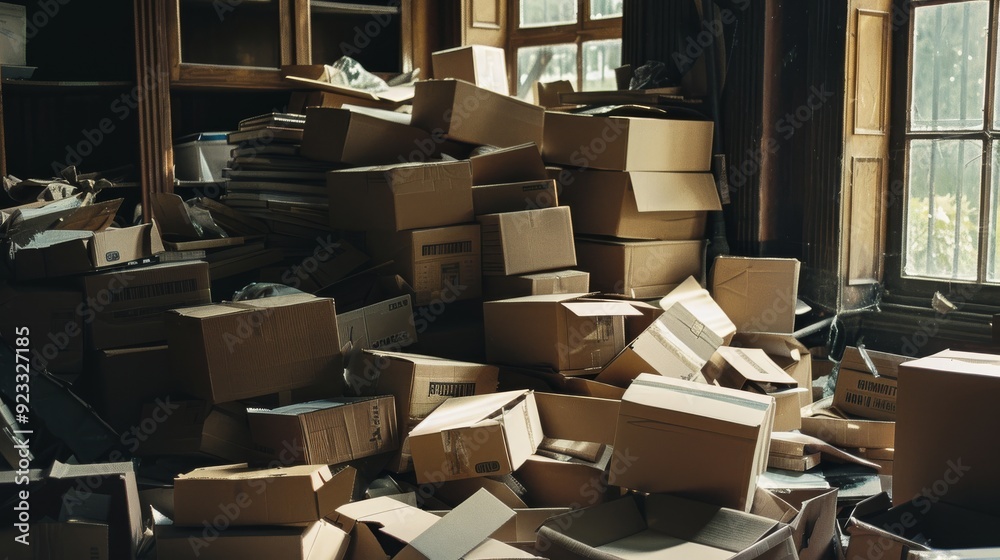 A cluttered room filled with stacks of cardboard boxes reaching different heights, indicating a chaotic move or storage overflow. A cluttered room filled with stacks of cardboard boxes reaching different heights, indicating a chaotic move or storage overflow.