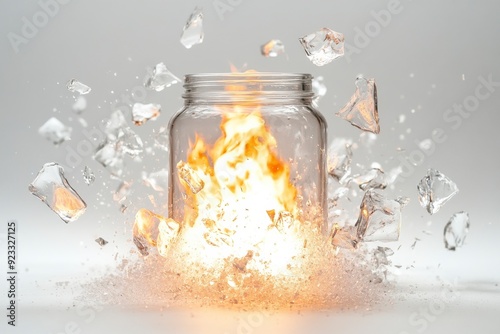 A glass jar explodes, releasing fiery shards and a burst of light. photo