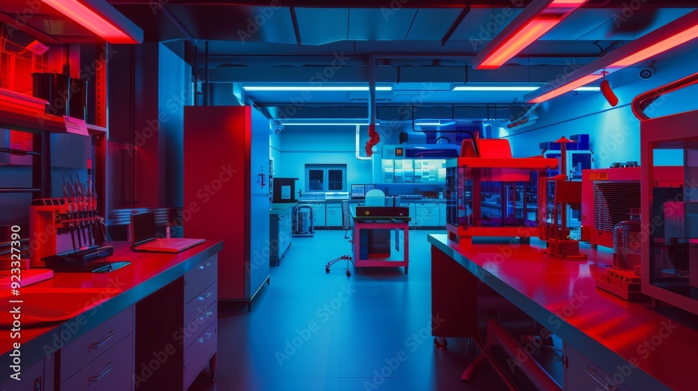 A high-tech laboratory bathed in blue and red neon light showcases a blend of advanced equipment and sterile environment. A high-tech laboratory bathed in blue and red neon light showcases a blend of advanced equipment and sterile environment.