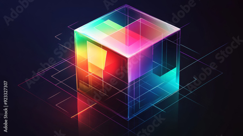 A futuristic glass cube reflecting different neon colors, floating in a dark background, creating a vibrant and modern visual effect.