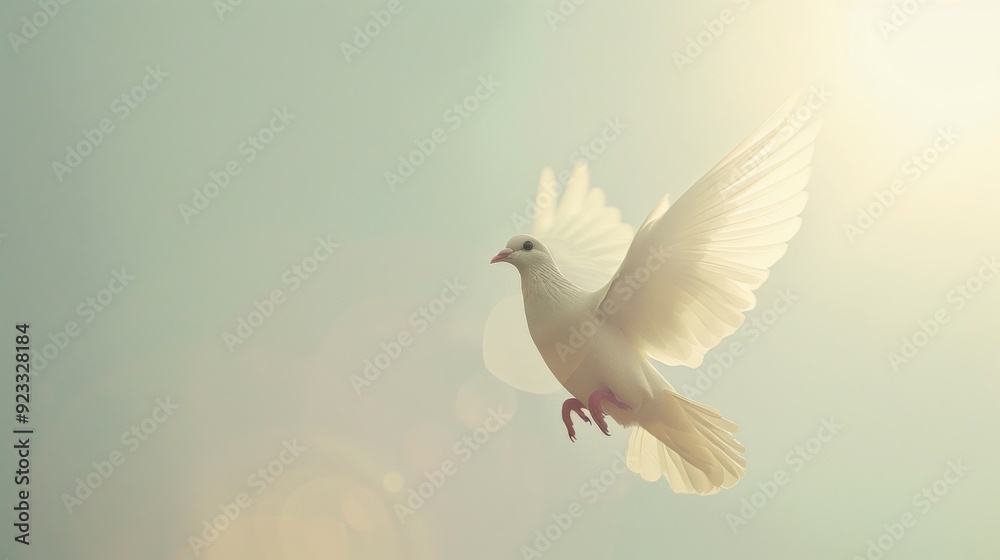 Obraz premium A majestic white dove soars gracefully against a soft, ethereal background, illuminated by gentle, golden sunlight.