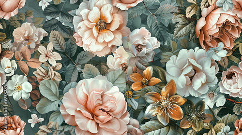 Luxurious flowers in watercolor technique with a predominance of pastel tones and gold accents on a dark green background create an atmosphere of sophistication.