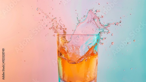 A refreshing splash of orange juice captured mid-air against a vibrant gradient background, showcasing energy and freshness.