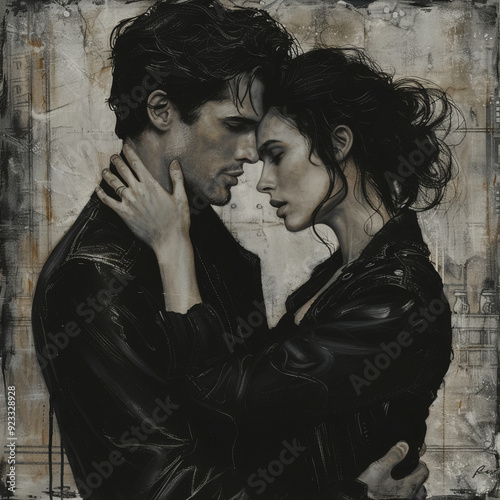 A couple in a warm embrace: a man and a woman froze in the moment, enjoying each other. The background in light brown tones creates a feeling of comfort and warmth.