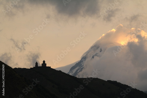 Alba su Tsminda Sameba, chiesa della Trinità di Gergeti. photo