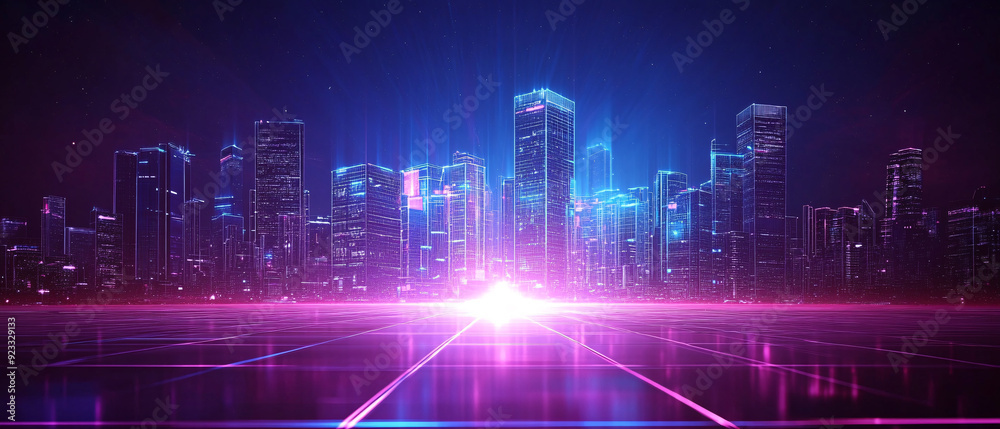 Fototapeta premium Futuristic Cityscape with Neon Lights and Grid Pattern