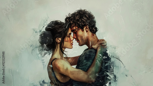 An emotional moment between a man and a woman: they stand very close to each other, immersed in their feelings. The soft, textured background adds depth to the image.