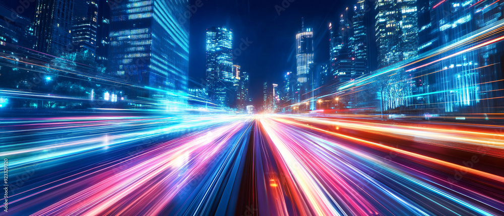 Abstract Cityscape with Light Trails and Skyscrapers at Night Abstract Cityscape with Light Trails and Skyscrapers at Night