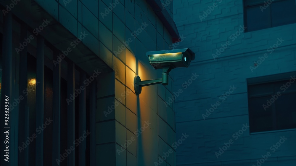 A security camera mounted on the exterior of a building at night, highlighted by a dim, atmospheric light casting a vigilant gaze over the area. A security camera mounted on the exterior of a building at night, highlighted by a dim, atmospheric light casting a vigilant gaze over the area.