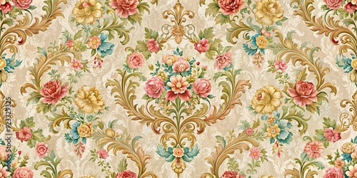 Seamless floral pattern with damask, baroque, rococo, and Victorian motifs on a textured background, floral, seamless