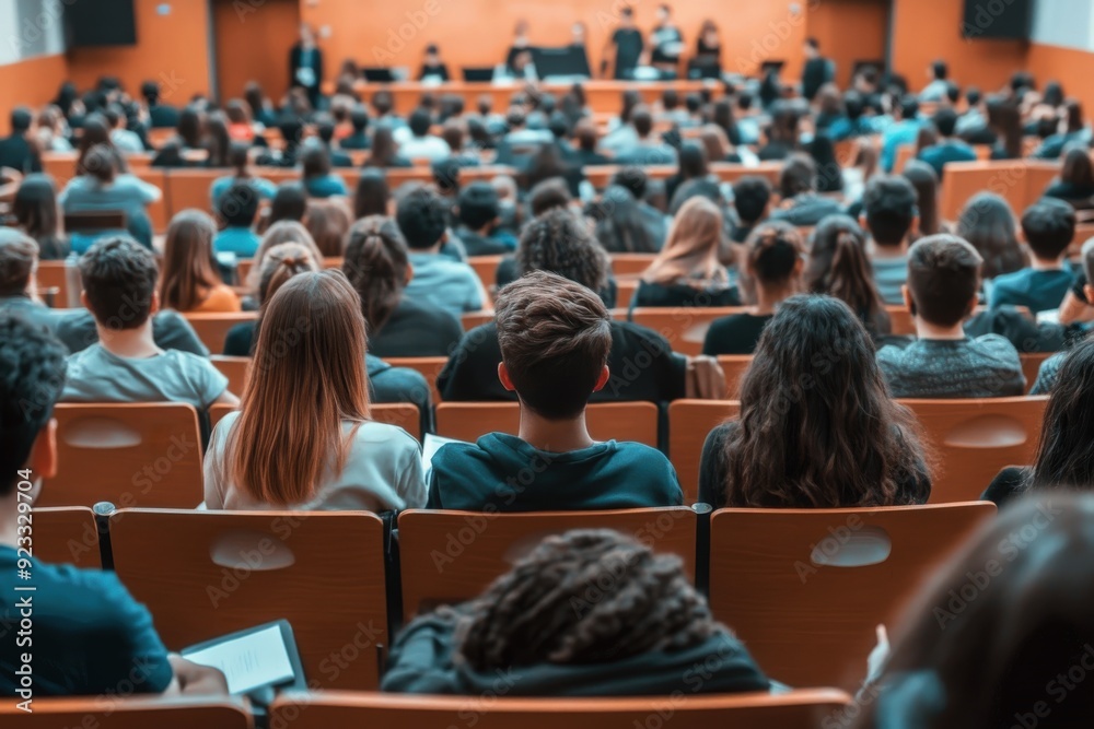 Obraz premium A packed lecture hall with students attentively facing a front panel where a presentation or a lecture is being conducted. The atmosphere is focused and educational.