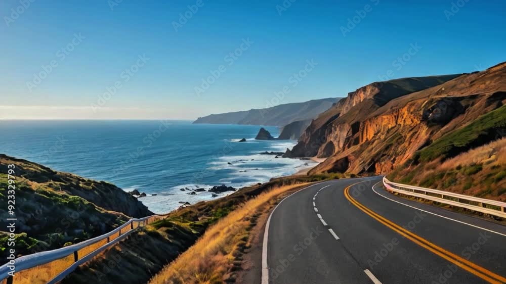 Road in the mountains by the sea, highway made by cutting mountain edges by the ocean Generative AI