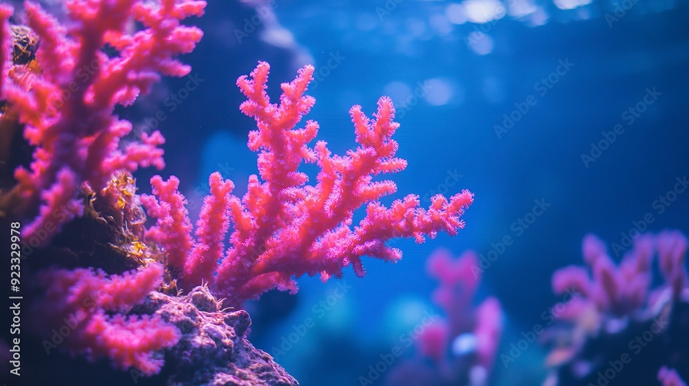 Fototapeta premium Vibrant Coral Ecosystem. Radiant pink coral branching out in deep blue waters.