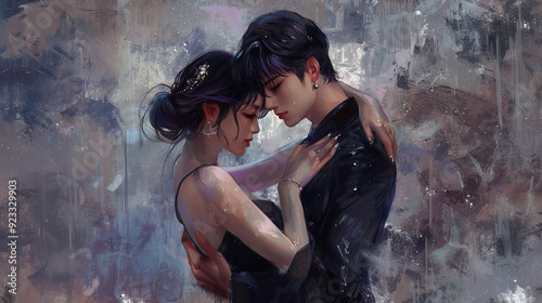  A man and a woman are standing in an embrace, their looks and poses reflect tenderness and affection. The warm, textured background emphasizes the emotionality of the scene.