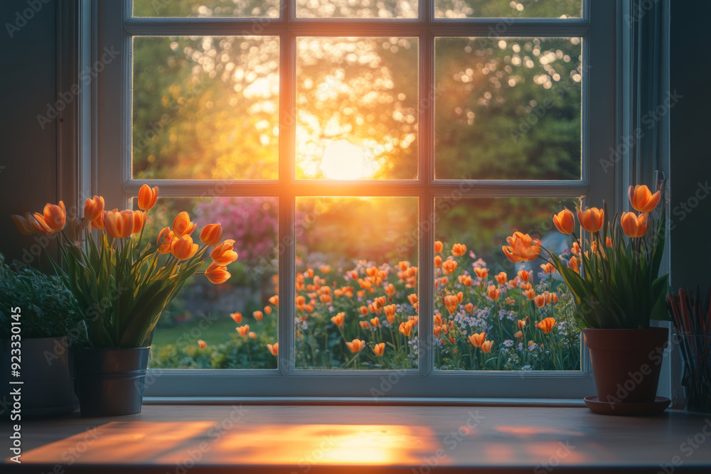 Fototapeta premium Beautiful spring flowers on the windowsill, with orange tulips blooming outside & a sunset through an open window. capturing the view from inside looking out at nature, creating a warm atmosphere.
