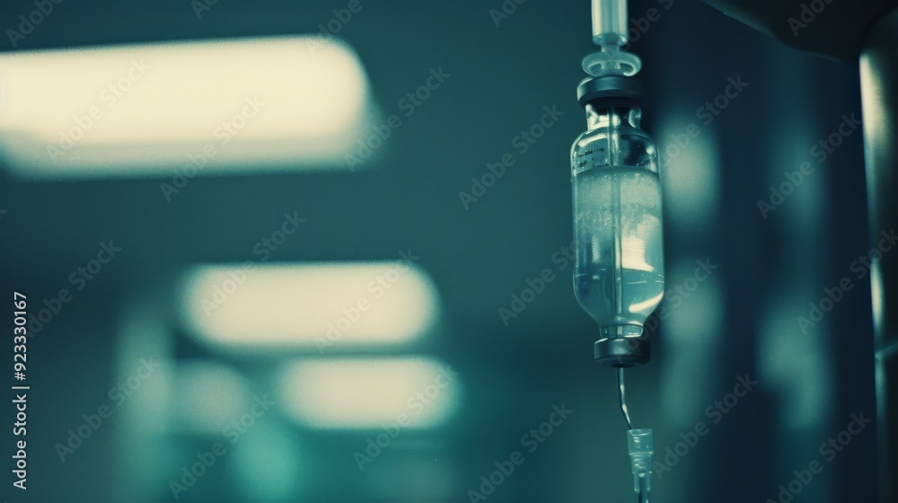 A focused image of an IV drip with blurred hospital lighting in the background, evoking a sense of medical care and clinical environment. A focused image of an IV drip with blurred hospital lighting in the background, evoking a sense of medical care and clinical environment.