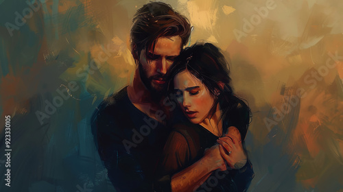  Intimate portrait of a couple: a man and a woman stand very close to each other, expressing love and affection. The details of their faces are accentuated on a light brown background.