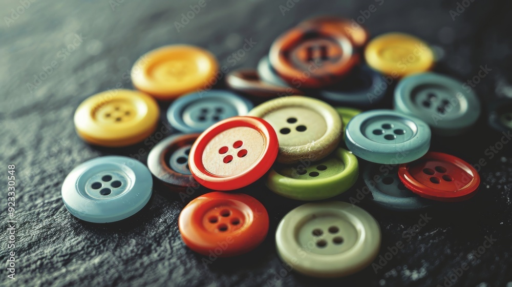 A close-up of colorful buttons spread out on a dark surface, highlighting the detailed textures and vibrant colors. A close-up of colorful buttons spread out on a dark surface, highlighting the detailed textures and vibrant colors.