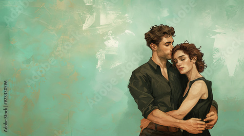 Vintage drawing of lovers: a woman clinging to a man, their hands intertwined. Beige background with texture adds comfort and nostalgia to the work.