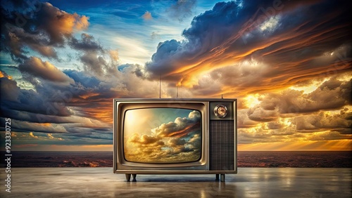 Old TV set against a scenic sky background, vintage, retro, television, technology, entertainment, broadcast, media