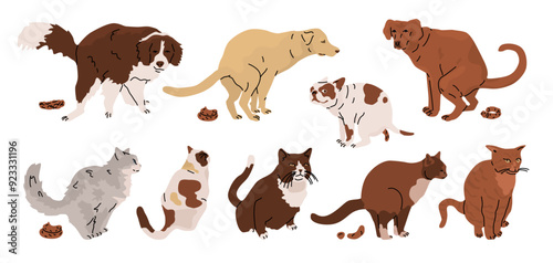 Set with pooping dogs and cats. Keeping and walking pets. Responsibility for your pet and the environment. Vector cartoon illustration isolated on transparent background.