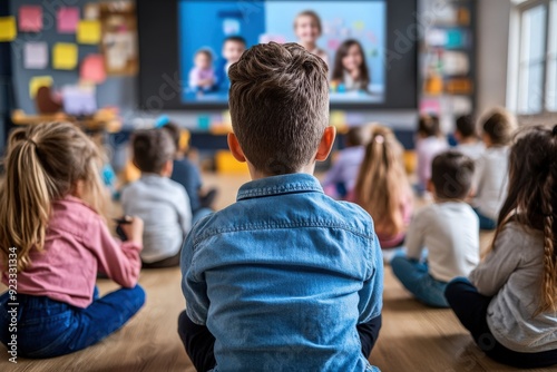 A diverse group of young children is sitting on the floor in a classroom setting, attentively watching a video lesson displayed on a large screen in front of them.