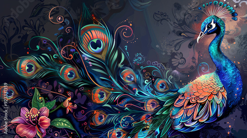 An exotic peacock with a luxurious tail, shimmering with all the colors of the rainbow, against the background of a dark night garden filled with bright and contrasting floral patterns.
