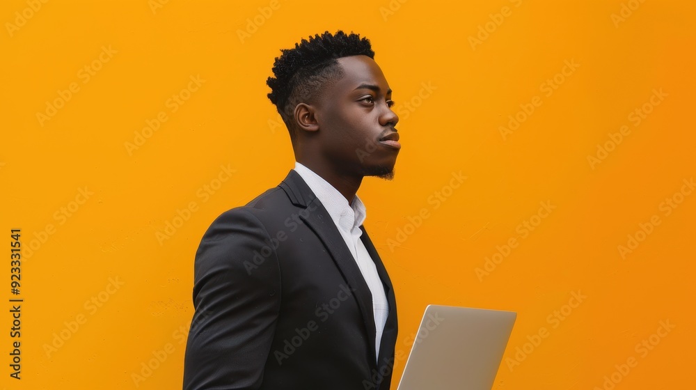 A young man in a suit carries a laptop while walking against a bold orange background A young man in a suit carries a laptop while walking against a bold orange background