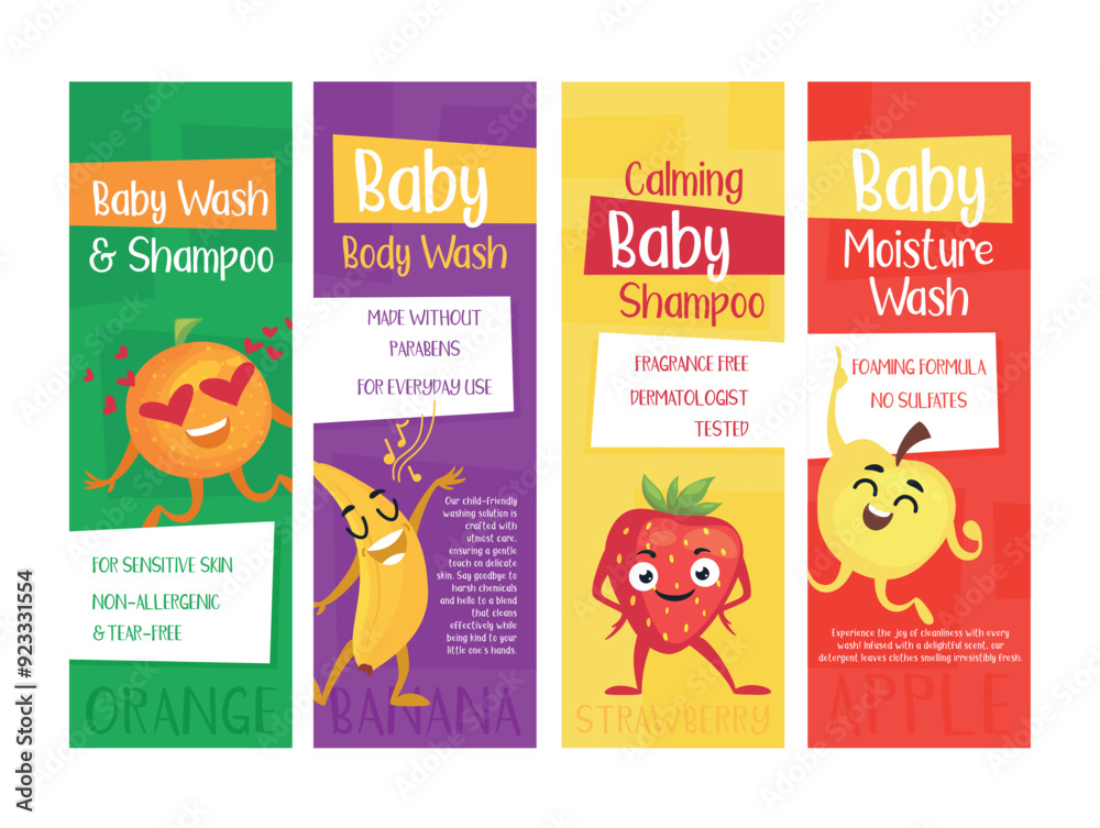 Four brightly coloured baby shower labels highlight the gentle formulas suitable for babies sensitive skin. Four brightly coloured baby shower labels highlight the gentle formulas suitable for babies sensitive skin.