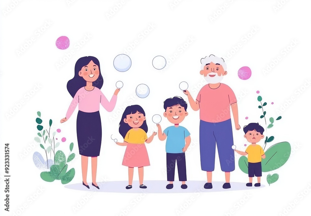 A grandmother girl and her grandson play together blowing bubble soap with their grandchildren A grandmother girl and her grandson play together blowing bubble soap with their grandchildren
