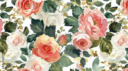 Watercolor roses in shades of cream, peach and white on a background of soft green leaves with shiny gold details, creating an elegant and luxurious pattern.