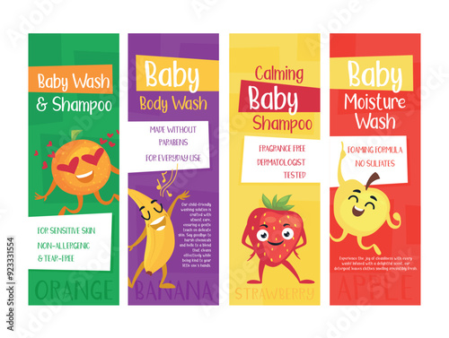Four brightly coloured baby shower labels highlight the gentle formulas suitable for babies sensitive skin.