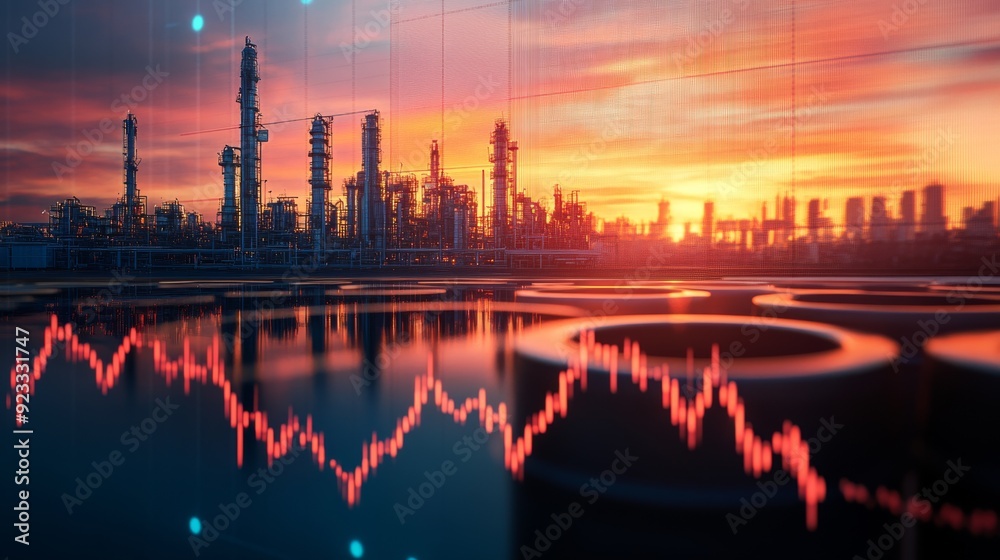 A stock chart going up with oil barrels and an industrial area in the background