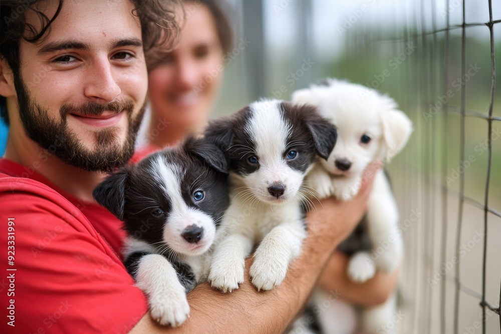 Two people are gently holding three fluffy puppies in their arms. The puppies have soft fur and seem content, creating a warm and affectionate scene that evokes a sense of joy. Two people are gently holding three fluffy puppies in their arms. The puppies have soft fur and seem content, creating a warm and affectionate scene that evokes a sense of joy.