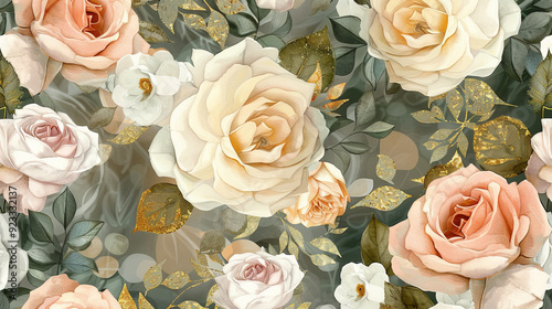 Delicate watercolor pattern with large rose flowers in cream, peach and white shades, surrounded by green leaves with golden flecks on a dark background.