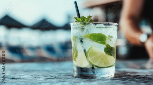 A refreshing drink made with fresh mint leaves and lime slices served in a short glass with a straw, against a backdrop of a serene beach and clear blue sky creating a calm mood. photo