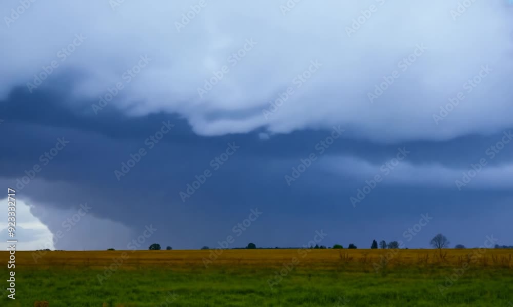 Summer clouds drift lazily across the blue sky above a vast green field, creating a picturesque rural landscape Summer clouds drift lazily across the blue sky above a vast green field, creating a picturesque rural landscape