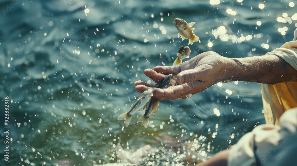 A hand holds a splash of small fishes in front of a shimmering water body, evoking themes of nature, fishing, and a connection to the aquatic world. A hand holds a splash of small fishes in front of a shimmering water body, evoking themes of nature, fishing, and a connection to the aquatic world.