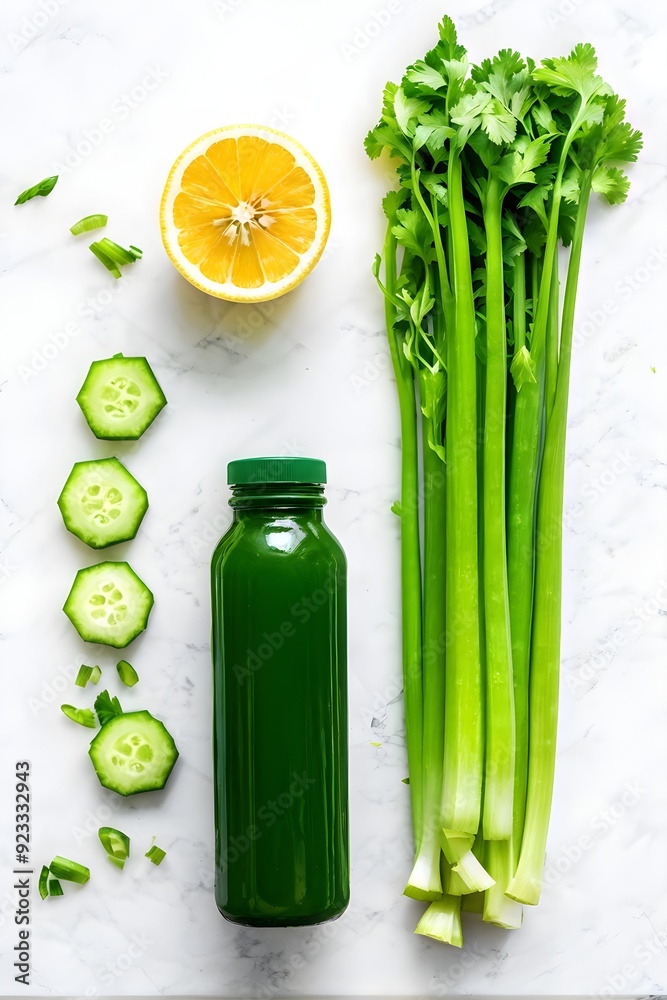 bottle of vibrant green detox juice surrounded by green fruit and vegetables bottle of vibrant green detox juice surrounded by green fruit and vegetables