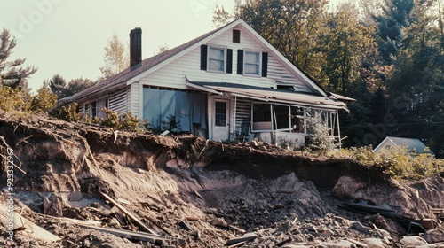 A home precariously perched on an eroded cliff, seemingly on the brink of falling, against a backdrop of forest and sunlight.