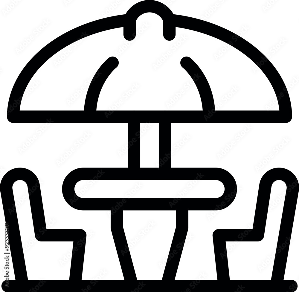 Street cafe table with big umbrella protecting from sun heat, line icon design