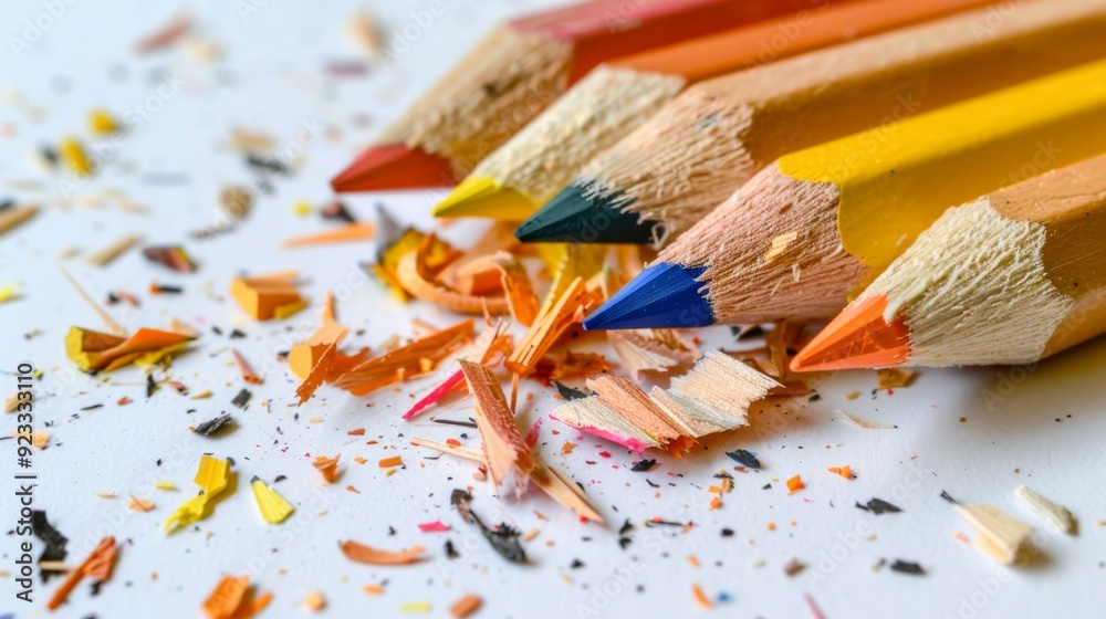 A close-up of colorful pencils on a table, with shavings scattered around, capturing a moment of creativity and artistic inspiration. A close-up of colorful pencils on a table, with shavings scattered around, capturing a moment of creativity and artistic inspiration.