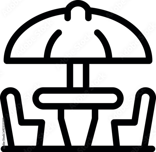 Street cafe table with big umbrella protecting from sun heat, line icon design