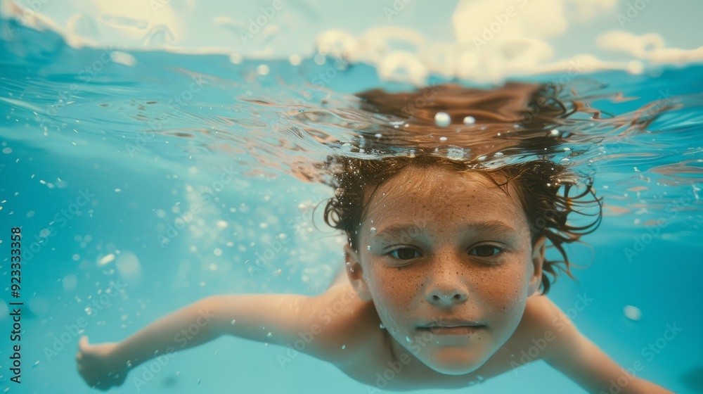 A young child swims underwater, with their face partially submerged, capturing a moment of joy and exploration in the clear blue water. A young child swims underwater, with their face partially submerged, capturing a moment of joy and exploration in the clear blue water.