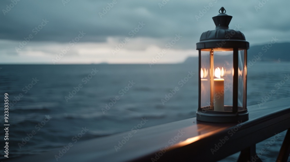 A warm lantern glows softly atop a railing by the sea, with dark, brooding clouds and distant mountains creating a serene yet moody coastal atmosphere. A warm lantern glows softly atop a railing by the sea, with dark, brooding clouds and distant mountains creating a serene yet moody coastal atmosphere.